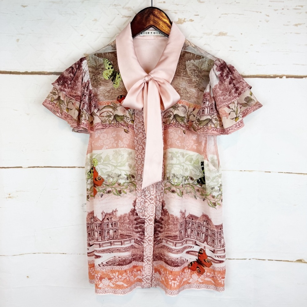 alice + olivia | Pink Versailles Minda Ruffle Tiered Short Sleeve Tie Top, M - Picture 5 of 16